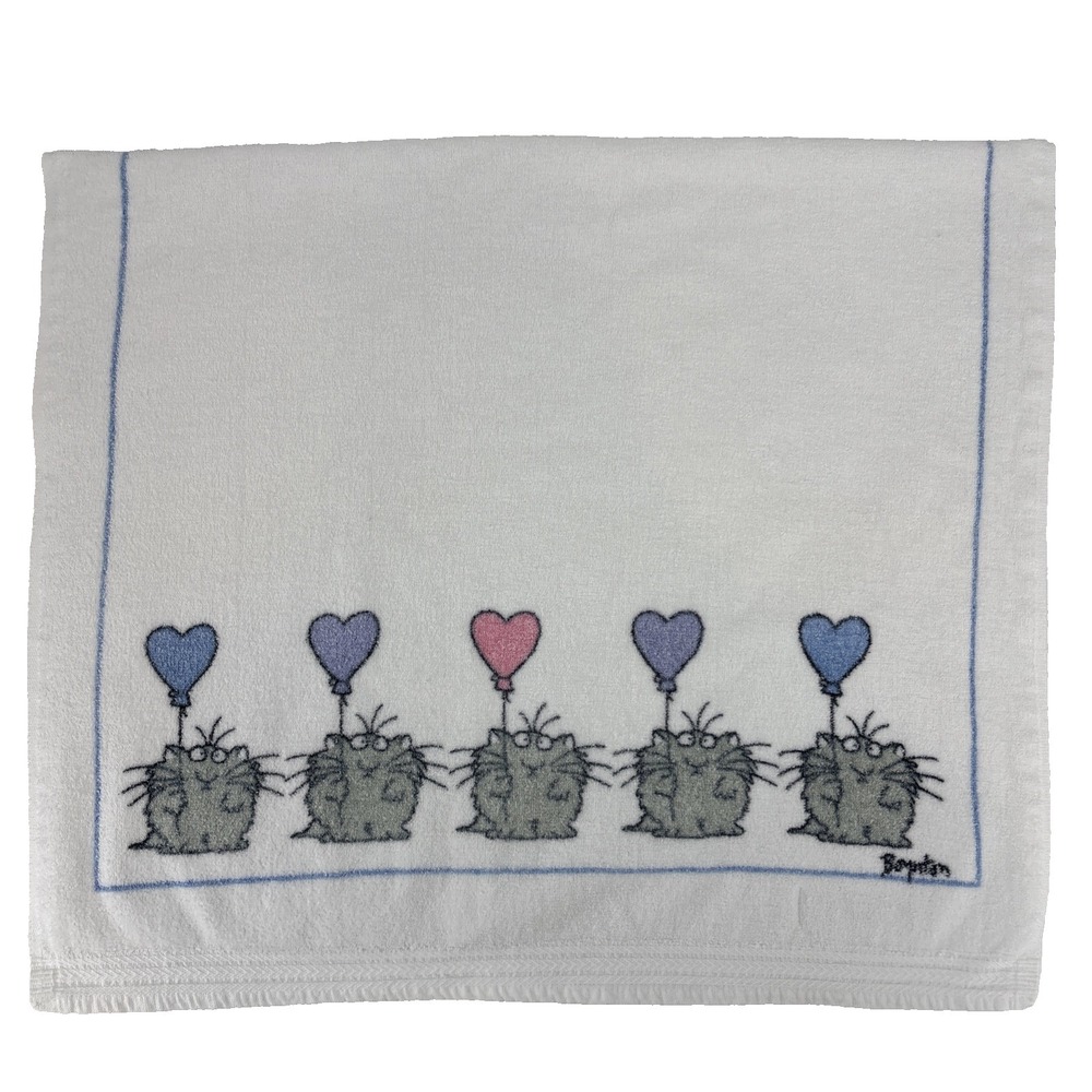 VTG 1980s Boynton Cat Bath Towel 43x25" Bath Sheet Heart Balloons MARTEX